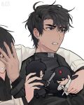  2boys black_coat black_eyes black_hair character_doll clenched_teeth coat covering_face doll grin highres holding holding_doll keomikan kim_dokja looking_to_the_side male_focus multiple_boys omniscient_reader's_viewpoint open_clothes open_coat popped_collar scar scar_on_face short_hair smile teeth upper_body white_coat yoo_joonghyuk 