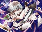  :q ace_of_spades card dress fingerless_gloves gloves hair_ribbon izayoi_sakuya knife maid maid_headdress playing_card red_eyes ribbon sanagi_(diohazard) silver_hair solo tongue tongue_out touhou weapon wrist_cuffs 