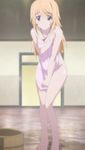  1girl absurdres barefoot bathhouse bathing blonde_hair charlotte_dunois covering covering_breasts covering_crotch highres infinite_stratos naked_towel purple_eyes stitched towel 