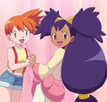  aqua_eyes bare_shoulders big_hair bow brown_eyes dark_skin hands_clasped highres holding_hands iris_(pokemon) kasumi_(pokemon) leggings long_hair meiji midriff multiple_girls open_mouth orange_hair own_hands_together pink_background pink_bow pokemon pokemon_(anime) pokemon_(classic_anime) pokemon_bw_(anime) purple_hair short_hair shorts side_ponytail simple_background smile suspenders tri_tails very_long_hair 