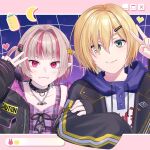  1boy 1girl arm_hug baby_bottle bat_necklace black_collar black_jacket blonde_hair blue_hood blunt_bangs blush bottle caution chain chain_necklace closed_mouth clothes_writing collar collarbone colored_inner_hair crescent crop_top cross-laced_clothes cross-laced_top drawstring earclip fangs fangs_out green_eyes grey_hair hair_intakes hair_ornament hair_over_one_eye hairclip hand_up heart highres hood hood_down hoodie jacket jewelry lapels looking_at_viewer makaino_ririmu makaino_ririmu_(6th_costume) multicolored_hair multicolored_hair_bobbles necklace nijisanji no_headwear notched_lapels o-ring_collar open_clothes open_jacket pendant pink_hair pink_jacket pink_streaks pixel_heart plaid_clothes pocket pointy_ears print_hoodie red_eyes sakurai0_0 short_hair side-by-side sleeves_past_wrists smile spiked_collar spikes star_(symbol) star_hair_ornament streaked_hair two-sided_fabric two-sided_jacket two-tone_hair two_side_up unbuttoned unzipped upper_body uzuki_kou uzuki_kou_(5th_costume) v virtual_youtuber white_hoodie window_(computing) wolf_cut yellow_trim zipper_top 