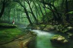  1girl dress forest from_behind green_theme jjcanvas landscape leaf moss nature original painterly red_hair river rock signature tree water white_dress 