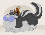 2025 anthro anthro_on_taur belly belly_overhang big_belly big_breasts big_tail biped blue_bra blue_clothing blue_eyes blue_underwear bottomless bottomwear bra bra_only breasts canid canine cleavage clothed clothing cuddling deep_navel digital_drawing_(artwork) digital_media_(artwork) drill_curls duo enaari_(eligitine) eyes_closed fat_rolls female female/female fennec_fox fox grey_background grey_hair grey_lips hair hi_res hoodie hug huge_belly huge_breasts hugging_another hugging_from_behind hybrid larger_taur lips looking_at_another looking_at_partner looking_back looking_back_at_another looking_back_at_partner mammal mammal_taur maned_wolf mephitid mephitid_taur navel obese obese_female obese_taur on_partner overweight overweight_female overweight_taur pants paws quadruped resting_on_belly simple_background size_difference skunk skunk_taur smaller_anthro smile tail tail_motion taur thick_lips thick_thighs three-quarter_view topwear true_fox underwear underwear_only weight_difference yina yina_(character)