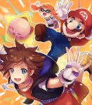  >_< 1girl 2boys :d arms_up black_shorts blue_eyes blue_overalls blush blush_stickers brown_hair brown_shoes chain chain_necklace commentary_request crown_necklace facial_hair fangs fingerless_gloves floating gloves hat hood hood_down hooded_jacket inkling inkling_girl inkling_player_character jacket jewelry kingdom_hearts kirby kirby_(series) letter_print long_sleeves looking_at_viewer mario mario_(series) multiple_boys mustache necklace norimaki_(nrmk_norinori) open_clothes open_jacket open_mouth orange_background orange_hair overalls pink_shoes pointy_ears red_hat shirt shoes short_hair short_sleeves shorts smile sora_(kingdom_hearts) spiked_hair splatoon_(series) super_smash_bros. tentacle_hair white_gloves white_shirt xd yellow_background yellow_shoes 