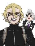  2boys :3 anger_vein angry black_bodysuit black_eyes black_jacket blonde_hair bodysuit bow bowtie cigarette clenched_teeth dimple dr._stone facial_mark formal_clothes gloves grey_hair hair_between_eyes highres jacket lips lipstick looking_at_viewer makeup male_focus multiple_boys necktie ok_ffj7rur purple_bow purple_bowtie purple_lips purple_necktie serious shirt short_hair simple_background smile smoking stanley_snyder_(dr.stone) teeth white_background white_gloves xeno_(dr.stone) yellow_eyes 