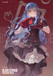  1girl absurdres artist_name ascot bang_dream! bang_dream!_it's_mygo!!!!! black_ascot black_gloves black_pantyhose black_ribbon blue_gemstone blue_hair character_name commentary_request commission corset gem gloves hair_ribbon highres holding holding_mask long_hair mask oblivionis_(bang_dream!) pantyhose parted_lips picture_frame puffy_short_sleeves puffy_sleeves red_background ribbon short_sleeves sideways_glance skirt skirt_hold solo styx_mo_yu togawa_sakiko underbust unworn_mask very_long_hair yellow_eyes 