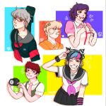  5girls :t alternate_hair_length alternate_hairstyle apron armband black_hair black_nails black_sailor_collar black_shirt black_skirt blue_hair blue_streaks blush bow breast_pocket closed_mouth collared_shirt commentary cropped_arm cropped_shoulders cropped_torso danganronpa_(series) danganronpa_2:_goodbye_despair drooling drop_shadow ear_piercing elbow_gloves english_commentary eyelashes face_piercing fingernails freckles gloves green_bow green_eyes grey_hair hair_bow hair_horns heart highres index_fingers_together jewelry koizumi_mahiru long_sleeves messy_hair mioda_ibuki mouth_drool mouth_piercing multicolored_hair multiple_girls nail_polish neckerchief necklace necktie notice_lines one_eye_closed open_mouth orange_eyes pekoyama_peko piercing pink_eyes pink_hair pink_shirt pink_streaks plaid_clothes plaid_necktie pocket pout puff_of_air puffy_short_sleeves puffy_sleeves purple_eyes purple_hair rectangular_eyewear red_armband red_eyes red_hair red_neckerchief sailor_collar saionji_hiyoko salute scabbard school_uniform scrunchie semi-rimless_eyewear serafuku sheath shirt short_hair short_sleeves signature single_elbow_glove skirt smile streaked_hair striped_clothes striped_gloves teeth toastybugguy tsumiki_mikan two-finger_salute upper_teeth_only very_short_hair white-framed_eyewear white_apron white_hair white_shirt wrist_scrunchie 