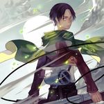  black_eyes black_hair cape dual_wielding highres holding jacket joseph_lee levi_(shingeki_no_kyojin) male_focus paradis_military_uniform shingeki_no_kyojin solo three-dimensional_maneuver_gear wire 