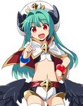  1girl arcana_trust capelet chikuwa_(majihima) demon_horns green_hair hand_on_hip horns long_hair looking_at_viewer low_wings midriff navel open_mouth red_eyes shinrabanshou simple_background solo thighhighs white_background wings 