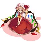 :t ascot blonde_hair flandre_scarlet hands_on_lap hands_together hat hat_ribbon looking_at_viewer mob_cap nonomichi pout puffy_short_sleeves puffy_sleeves red_eyes ribbon short_hair short_sleeves side_ponytail simple_background sitting skirt skirt_set solo tears touhou v_arms white_background wings 