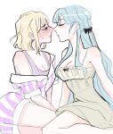  2girls bang_dream! bang_dream!_it's_mygo!!!!! bare_arms blonde_hair blue_hair blush breasts cleavage commentary dress eye_contact hashtag-only_commentary highres imminent_kiss kryakw large_breasts long_hair looking_at_another medium_hair misumi_uika multiple_girls parted_lips purple_eyes purple_shorts purple_tank_top shirt shorts simple_background striped_clothes striped_shirt striped_shorts sweat tank_top togawa_sakiko white_background yellow_dress yuri 