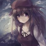  bad_id bad_pixiv_id beret hat long_hair purple_eyes purple_hair ribbon shihou_matsuri sky smile sola tsuburaya_35 