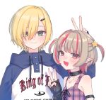  1boy 1girl absurdres arm_strap bare_shoulders black_arm_warmers black_collar blonde_hair blue_hood blue_sleeves blunt_bangs blush breasts chain chain_bracelet closed_mouth clothes_writing collar collarbone colored_inner_hair crop_top cross-laced_clothes cross-laced_top drawstring earclip fangs from_side green_eyes grey_hair hair_intakes hair_ornament hair_over_one_eye hairclip highres hood hood_down hoodie krtc_mgk long_sleeves looking_at_viewer makaino_ririmu makaino_ririmu_(6th_costume) multicolored_hair nijisanji no_headwear no_jacket o-ring_collar open_mouth pink_hair pink_streaks plaid_clothes pointy_ears print_hoodie raglan_sleeves red_eyes short_hair side-by-side simple_background sleeveless sleeves_past_wrists small_breasts smile spiked_collar spikes standing star_(symbol) star_hair_ornament straight-on streaked_hair two-tone_hair two_side_up upper_body uzuki_kou uzuki_kou_(5th_costume) v virtual_youtuber white_background white_hoodie wolf_cut 