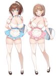  2girls amasawa_chigusa apron aqua_eyes armband black_shoes blue_bow blue_choker blue_dress blush bow breasts brown_hair choker cleavage closed_mouth commentary_request dress dress_bow groin hairband highres holding holding_tray hotaka_mai huge_breasts kazuma_(kazumav) looking_at_viewer maid maid_headdress mary_janes matching_outfits microdress multiple_girls original panties parted_lips pink_bow pink_choker pink_dress pink_hairband ponytail revealing_clothes shoes short_hair simple_background smile standing thighhighs tray two-tone_dress unconventional_maid underwear waist_apron white_armband white_background white_dress white_panties white_thighhighs yellow_eyes 