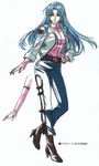  1girl aqua_hair banpresto blue_hair coat denim earrings glacies gloves high_heels highres jacket jeans jewelry long_hair pants smile super_robot_wars super_robot_wars_destiny super_robot_wars_original_generation yellow_eyes 