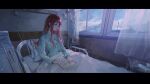 00608d 1girl absurdres bed blue_shirt blunt_bangs bouquet cloud curtains drawing_(object) eyelashes flower hashtag-only_commentary highres hospital hospital_bed intravenous_drip iori_junpei long_hair long_sleeves mountainous_horizon paper persona persona_3 pink_eyes pink_flower red_hair see-through_curtains shirt sitting sky solo table under_covers very_long_hair window yoshino_chidori 