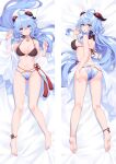  1girl ahoge alternate_costume anklet ass barefoot bell bikini blue_choker blue_hair breasts choker closed_mouth commentary_request dakimakura_(medium) ganyu_(genshin_impact) genshin_impact horns jewelry large_breasts long_hair looking_at_viewer lying moeanime multiple_views navel neck_bell on_back on_stomach parted_lips purple_eyes red_horns smile swimsuit 
