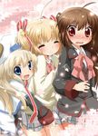  blonde_hair blue_eyes blush bow brown_hair cape closed_eyes hat kamikita_komari little_busters! long_hair multiple_girls natsume_rin noumi_kudryavka pink_bow plaid plaid_skirt red_eyes school_uniform short_hair skirt soutsuki_naru 