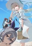  4girls alternate_costume auui bag bare_shoulders black_skirt blue_sky breasts character_doll closed_mouth commentary_request day doll dress firefly_(honkai:_star_rail) gradient_hair grey_eyes grey_hair hair_between_eyes hair_ribbon hand_up hat highres holding holding_bag holding_doll honkai:_star_rail honkai_(series) long_hair looking_at_viewer medium_breasts multicolored_hair multiple_girls open_mouth outdoors purple_ribbon red_ribbon ribbon school_uniform shirt shirt_tucked_in signature silver_wolf_(honkai:_star_rail) skirt sky smile sparkle_(doll)_(honkai:_star_rail) sparkle_(honkai:_star_rail) stelle_(honkai:_star_rail) trailblazer_(honkai:_star_rail) twintails white_dress white_hat white_shirt wind yellow_eyes 