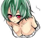  areola_slip areolae bare_shoulders blush breasts cleavage green_hair medium_breasts original short_hair simple_background solo tokita_monta white_background 