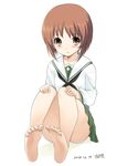  3: artist_name bad_id bad_twitter_id barefoot blush brown_eyes brown_hair dated feet girls_und_panzer hands_on_own_knees kiya_shii nishizumi_miho ooarai_school_uniform school_uniform serafuku short_hair sitting soles solo toe_scrunch toes 