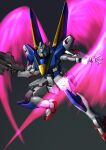  absurdres beam_rifle blue_eyes commentary_request energy energy_gun energy_wings flying glowing glowing_eyes glowing_wings grey_background gundam highres holding holding_weapon machinery mecha mecha_focus no_humans realistic robot science_fiction solo user_gwrr2554 v-fin v2_gundam victory_gundam weapon wings 