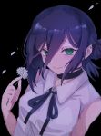  1girl ayaka_488 bare_shoulders black_background black_choker black_ribbon blush breasts chainsaw_man choker collared_shirt commentary flower green_eyes hair_between_eyes highres holding holding_flower long_hair_between_eyes looking_at_viewer medium_hair neck_ribbon purple_hair reze_(chainsaw_man) ribbon shirt simple_background sleeveless sleeveless_shirt small_breasts solo white_flower white_shirt 