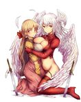  alma_beoulve angel_wings boots breast_press breasts brown_hair cleavage feathers final_fantasy final_fantasy_tactics hair_ribbon head_wings hug kara_(color) kneeling large_breasts long_hair low_ponytail multiple_girls panties parted_lips planted_sword planted_weapon red_eyes red_legwear red_panties ribbon simple_background sword symmetrical_docking thigh_boots thighhighs ultima_(fft) underwear weapon white_hair wings 