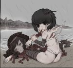  bandaged_arm bandaged_leg bandages bikini black_bikini black_eyes black_hair black_souls black_souls_2 blood blood_from_mouth blood_on_face blood_on_hands brown_hoodie closed_eyes clothes_on_floor corpse death debuffs_only decapitation disembodied_hand eating empty_eyes guro hood hoodie implied_cannibalism intestines looking_at_viewer meryphilia_(black_souls) miranda_(black_souls) nosebleed ocean on_ground rain sand short_hair sitting swimsuit 