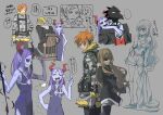  2girls 3boys animal_head black_sclera black_skin black_suit bound brown_hair caron_(higyaku_no_noel) colored_sclera colored_skin demon_boy demon_girl demon_horns eyepatch fur-trimmed_jacket fur_trim grey_skin highres higyaku_no_noel horns jacket long_hair multiple_boys multiple_girls noel_cerquetti orange_hair oscar_dressel purple_hair restrained ribelio_strada scar scar_on_face scar_on_forehead severed_arm severed_limb short_hair spica_(higyaku_no_noel) suit tied_up_(nonsexual) zs924188 