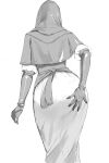 1girl absurdres ass black_capelet black_hood capelet cowboy_shot dress elbow_gloves elden_ring elden_ring_nightreign from_behind gloves grabbing_own_ass greyscale highres monochrome nun puffy_sleeves smurtz solo tight_clothes undertaker_(elden_ring) white_background white_dress 
