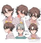  1boy alternate_hairstyle aoi_tete blush brown_eyes brown_hair collarbone earrings green_eyes green_hair hair_between_eyes hairstyle_switch half_updo hibiki_kaito highres hoop_earrings jacket jewelry kazuma_(precure) kimi_to_idol_precure mature_male messy_hair multiple_earrings neck open_clothes open_jacket parted_bangs precure serious shirt short_hair sideways_face smirk solo solo_focus twitter_username upper_body watermark white_shirt 