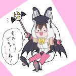  1girl animal_ears bat_ears bat_girl bat_wings brown_hair brown_long-eared_bat_(kemono_friends) elbow_gloves extra_ears fingerless_gloves full_body glasses gloves grey_hair hat kemono_friends kemono_friends_v_project leotard lilipur long_hair looking_at_viewer microphone multicolored_hair pantyhose pointer purple_background shoes simple_background skirt solo streaked_hair translation_request virtual_youtuber wings 