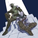  2boys arizuka_(catacombe) armor black_boots black_gloves black_pants blue_cape boots cape chainmail commentary_request elden_ring elden_ring_nightreign gloves hand_on_another's_shoulder helm helmet highres holding holding_knife holding_weapon hood ironeye_(elden_ring) knife knight male_focus multiple_boys pants pauldrons shoulder_armor sitting weapon winged_helmet wylder_(elden_ring) 