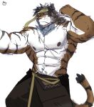  1boy abs animal_ears arknights bara bey293821 closed_mouth english_commentary furry furry_male headband highres huai_tianpei_(arknights) looking_at_viewer male_focus muscular muscular_male nipples pectorals signature tail tiger_boy tiger_ears tiger_stripes tiger_tail topless_male white_background yellow_headband 