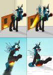 absurd_res black_body blush bodily_fluids burning butt butt_on_fire changeling clenched_teeth comic digital_media_(artwork) fangs female feral fire fireplace friendship_is_magic hand_on_butt hasbro hi_res horn hot_rolls insect_wings my_little_pony pain queen_chrysalis_(mlp) smoke snow solo tears teeth wings