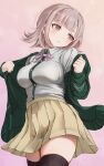  1girl absurdres breasts brown_hair brown_skirt collared_shirt danganronpa_(series) danganronpa_2:_goodbye_despair flipped_hair highres hood jacket long_sleeves medium_hair nanafuku nanami_chiaki neck_ribbon no_hair_ornament open_clothes open_jacket pink_eyes pink_ribbon pleated_skirt ribbon shirt skirt solo thighhighs two-tone_shirt white_shirt 