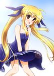  bare_shoulders blonde_hair blush diesel-turbo dress fate_testarossa long_hair lyrical_nanoha mahou_shoujo_lyrical_nanoha open_mouth red_eyes solo twintails wind wind_lift 