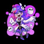  1girl 2025 anemone_(goonya_monster) bags_under_eyes bandaged_leg bandages black_background black_bow black_bowtie black_dress black_thighhighs bow bowtie breasts cleavage coat dress drooling english_commentary fangs ghost goonya_monster hair_ornament highres horns kitten_heels long_hair medium_breasts mouth_drool multicolored_hair open_clothes open_coat open_mouth pink_eyes pink_hair purple_hair shaded_face signature sleeves_past_fingers sleeves_past_wrists thighhighs vitreous_glassy white_coat 