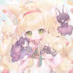 1girl animal_ear_fluff animal_ears apron arknights blonde_hair blush character_doll chinese_commentary coin_purse commentary_request doll flower fox fox_ears fox_girl fox_tail frilled_apron frills green_eyes hair_flower hair_ornament hairband japanese_clothes kimono kitsune kyuubi long_hair looking_at_viewer multiple_tails official_alternate_costume open_mouth pink_kimono red_hairband suzuran's_father_(arknights) suzuran_(arknights) suzuran_(yukibare)_(arknights) tail vulpisfoglia_(arknights) waist_apron watermark white_apron yagasuri yin_zi_(xhs_948460873) 