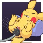1:1 2024 3_toes 4_fingers absurd_res animal_genitalia ballbusting balls black_ear_tips bonger border cheek_spots clenched_teeth cock_and_ball_torture dipstick_ears ear_markings erection eyes_closed feet feral fingers fur fuzzo generation_1_pokemon genital_torture genitals hi_res male motion_lines multicolored_ears nintendo on_pillow pain penis pikachu pillow pokemon pokemon_(species) reclining shaking sheath simple_background solo teats teeth toes white_border wince yellow_body yellow_fur