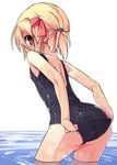  adjusting_clothes adjusting_swimsuit ass black_school_swimsuit blonde_hair blush hair_ribbon looking_back one-piece_swimsuit ponytail red_eyes ribbon rumia school_swimsuit shamo_(koumakantv) short_hair simple_background swimsuit tan tied_hair touhou water wet wet_clothes white_background 
