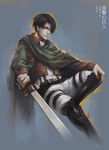  ascot black_hair boots cape jacket levi_(shingeki_no_kyojin) male_focus oryuvv paradis_military_uniform shingeki_no_kyojin solo sword three-dimensional_maneuver_gear weapon 