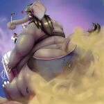 1:1 2020 4_fingers absurd_res animate_inanimate anthro beak black_bra black_clothing black_hair black_underwear blue_clothing blue_panties blue_underwear blush bra breasts butt_cleavage clothing clothing_transformation cooking cooking_pot cotton cutlery digital_media_(artwork) disgust duo elephant elephantid eyes_closed face_panties fart fart_cloud farting_on_another fat_rolls feathers female fingers gas green_fart_cloud grey_beak grey_body hair heart_symbol hi_res holding_ladle holding_object kitchen_utensils living_clothing living_underwear loose_feather mammal monotone_background moofus moofus_(character) obese overweight overweight_anthro overweight_female panties panties_transformation pillow proboscidean purple_background purple_eyes raised_tail rip side_boob signature simple_background sitting skindentation smile smiling_at_another spiral spiral_eyes spoon squiggle_mouth steam straight_hair tail tail_tuft tight_underwear tools torn_pillow transformation trunk_holding_object tuft tusks underwear underwear_transformation wearing_clothing_character worried