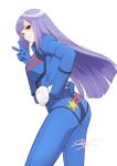  1girl blue_bodysuit blunt_bangs bodysuit closed_mouth commentary gundam gundam_zz hand_on_own_hip highres long_hair looking_at_viewer marimofa mecha_pilot_suit normal_suit_(gundam) one_eye_closed purple_hair red_eyes roux_louka smile solo star_(symbol) star_print v white_background 