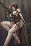  1girl absurdres ahoge anti-materiel_rifle bolt_action bracelet breasts brown_hair bullpup caiman_pool cleavage dress dsr-50 dsr-50_(girls'_frontline) earrings girls'_frontline girls'_frontline_2:_exilium gun highres holding jewelry large_breasts long_hair looking_at_viewer loreley_(girls'_frontline_2) rifle sniper_rifle weapon 