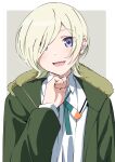  1girl :d absurdres blonde_hair border clip_studio_paint_(medium) commentary earclip fur-trimmed_jacket fur_trim green_jacket green_ribbon grey_background hair_over_one_eye hashtag-only_commentary highres jacket jacket_over_jacket letterman_jacket looking_at_viewer loose_neck_ribbon love_live! love_live!_nijigasaki_high_school_idol_club love_live!_nijigasaki_high_school_idol_club_the_movie_-_finale making-of_available medium_hair mia_taylor neck_ribbon open_clothes open_jacket open_mouth outside_border purple_eyes ribbon simple_background smile solo uchuu_no_mozuku upper_body white_border 