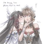  ! 2girls bare_shoulders black_dress black_hair blue_eyes brown_hair closed_mouth columbina_(genshin_impact) commentary detached_sleeves dress english_text genshin_impact highres hojicha. kiss kissing_cheek long_hair multiple_girls purple_streaks sandrone_(genshin_impact) simple_background white_background white_dress yuri 