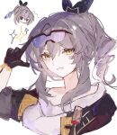  1girl black_gloves black_jacket borrowed_accessory borrowed_hairstyle breasts cropped_torso drill_hair drill_ponytail eyewear_on_head gloves grey_hair grin hair_between_eyes hair_ribbon hand_up highres honkai:_star_rail honkai_(series) index_finger_raised jacket long_hair looking_at_viewer medium_breasts nonoko_(1k6sx1encx45226) purple-tinted_eyewear ribbon shirt silver_wolf_(honkai:_star_rail) simple_background single_drill smile stelle_(honkai:_star_rail) tinted_eyewear trailblazer_(honkai:_star_rail) white_background white_shirt yellow_eyes 