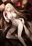  apple blonde_hair book breasts checkered checkered_floor food from_above fruit highres holding kalalasan large_breasts long_hair lying naked_ribbon navel nipples one_eye_closed original red_eyes ribbon solo 